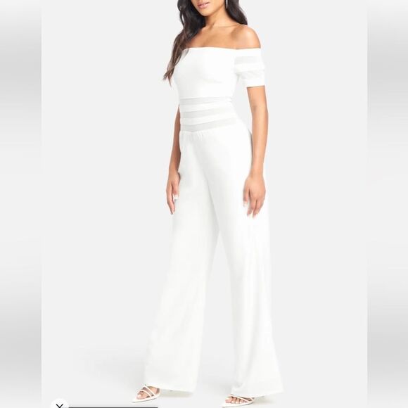 Bebe OFF SHOULDER MESH PANEL JUMPSUIT Sz M - Picture 1 of 10